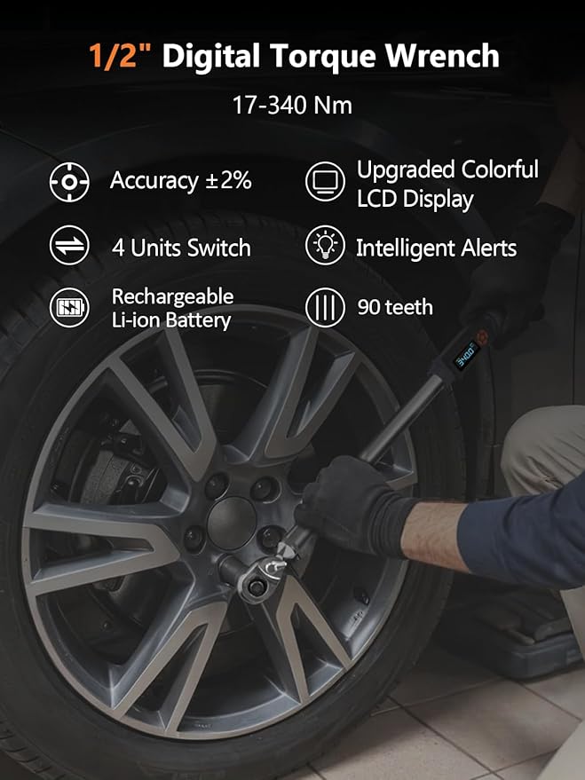 Goseek Upgraded Rechargeable Digital Torque Wrench, 12.5-250.7Ft-lbs/17-340Nm, 1/2'' Drive Electric Torque Wrench Set with Buzzer & LED & Vibration for Car Motor Tires Auto Repair