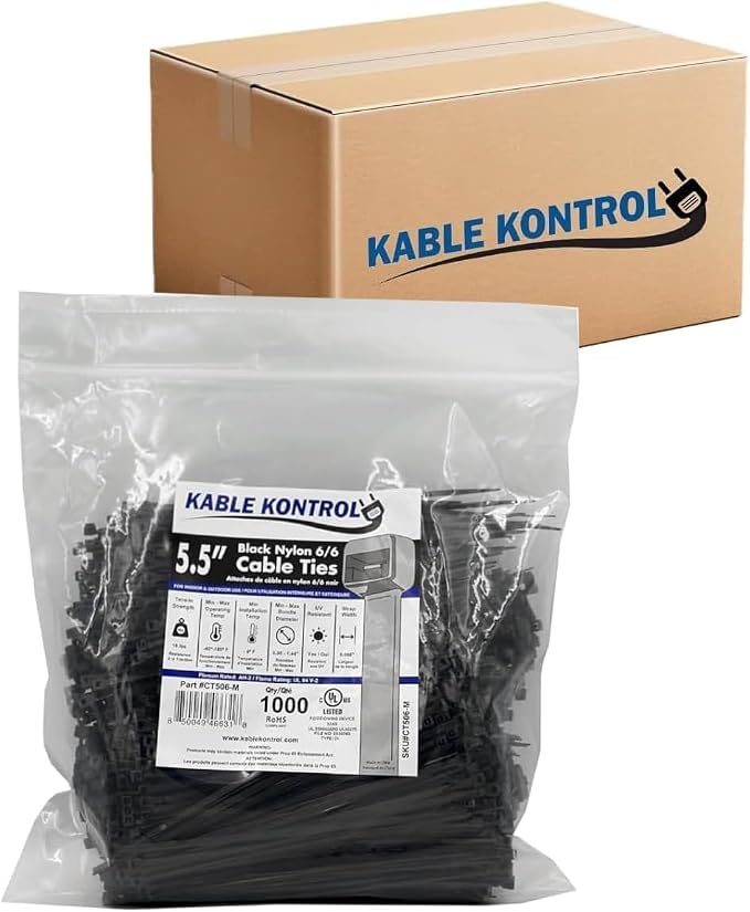 Kable Kontrol Cable Zip Ties, 5.5 Inch, 30000 Pcs, 18lbs Test, Black | Nylon Plastic, UV-Resistant, Self Locking, UL Listed, Indoor & Outdoor Use