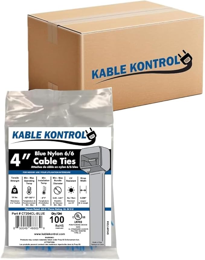 Kable Kontrol Cable Zip Ties, 4 Inch, 40000 Pcs, 18lbs Test, Blue | Nylon Plastic, Self Locking, UL Listed, Indoor Use