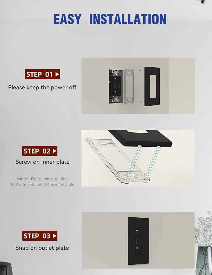 AIDA 1-Gang Screwless Light Switch Cover Plate, Standard Decorative Outlet Covers - Matte Black, 4-Pack Unbreakable Polycarbonate Wall Plates for Decorator Device, UL Listed, 4.5" H x 2.75" L