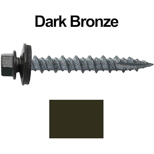 10 x 1-1/2" Dark Bronze Metal Roofing Screws - Hex Washer Head- Self-Starting/Tapping - EPDM Washer. 8 X 250 Bags - 2,000 Screws