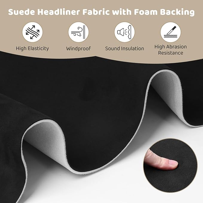 Storystore Foam Backed Suede Headliner Fabric, 120"L x 60"W Car Roof Liner | Black Suede Headliner Material for Cars, Trucks, Suvs, Boats, Rvs and Interior Restoration