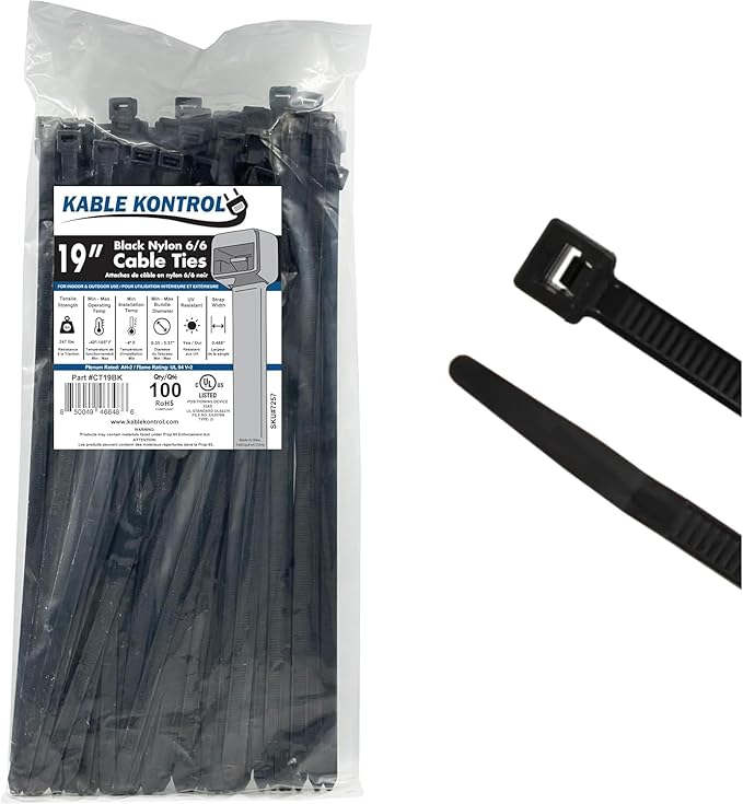 Kable Kontrol Heavy Duty Black Zip Ties - 19” Inch Long - 250 Lbs Tensile Strength - 100 Pcs/Pack - UV resistant Nylon - Multipurpose - Self-Locking Cable Management Wire Wraps