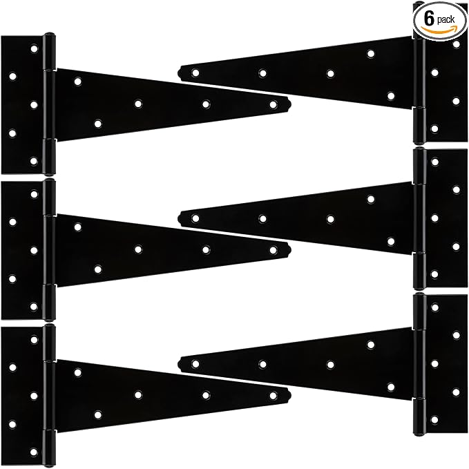 HILLMASTER 10 Inch T-Strap Heavy Duty Shed Door Hinges Gate Strap Hinges Black Tee Hinge Wrought Hardware for Wooden Fences,Yard,Barn Door,Rustproof (6 Pack)