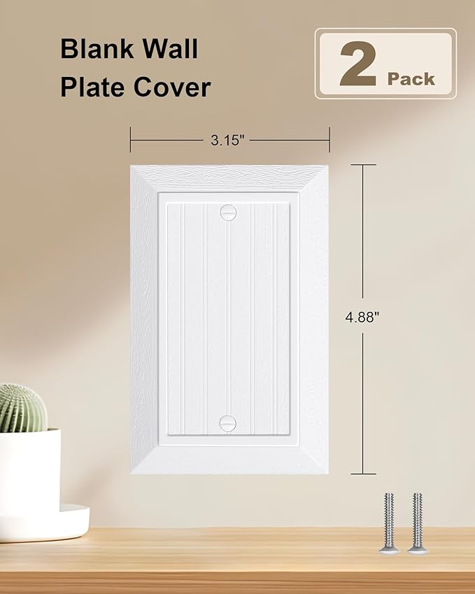 2-Pack Classic Beadboard Single Blank Wall Plate, Unbreakable Polycarbonate Wall Plate Cover, Pure White 1 Gang Wall Plate for Unused Outlets/Switches