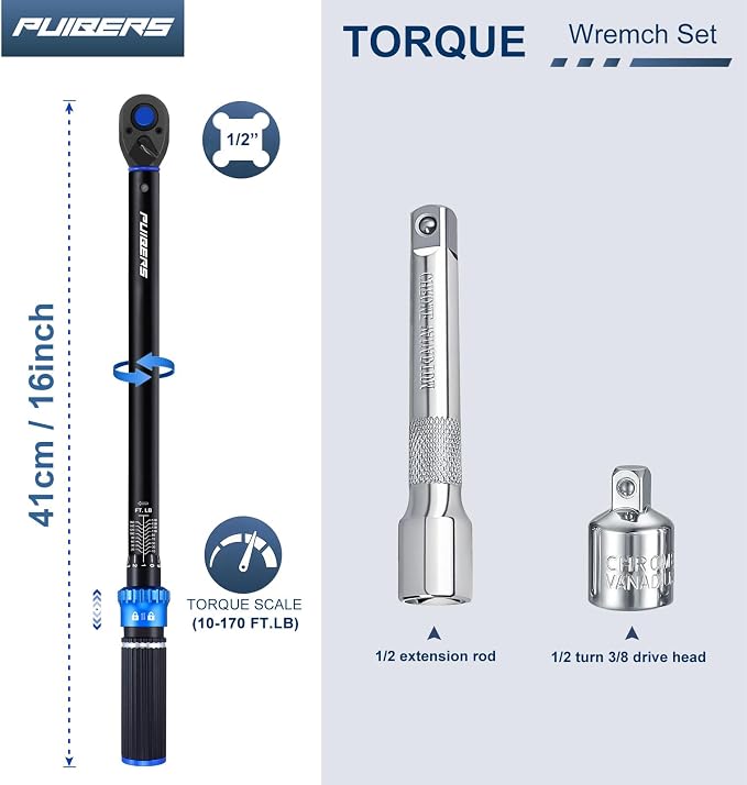 Torque wrench Set 1/2 drive,1/2 Torque Wrenches 10-170 FT.LB/13.6-230.5 Nm,±3% Precision Wrench with 1/2'' to 3/8'' Socket Adapter, 5 Inch Extension Bar for Car and Moto Maintenance