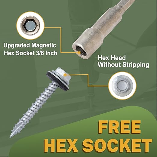 LIONMAX Metal Roofing Screws #14 x 1-1/2 Inch, 300-PCS, Rusproof Coating Hex Head Sheet Metal Roof Screws, Rubber Washer, Sharp Point, Metal to Wood Siding Screws, Hex Socket Included