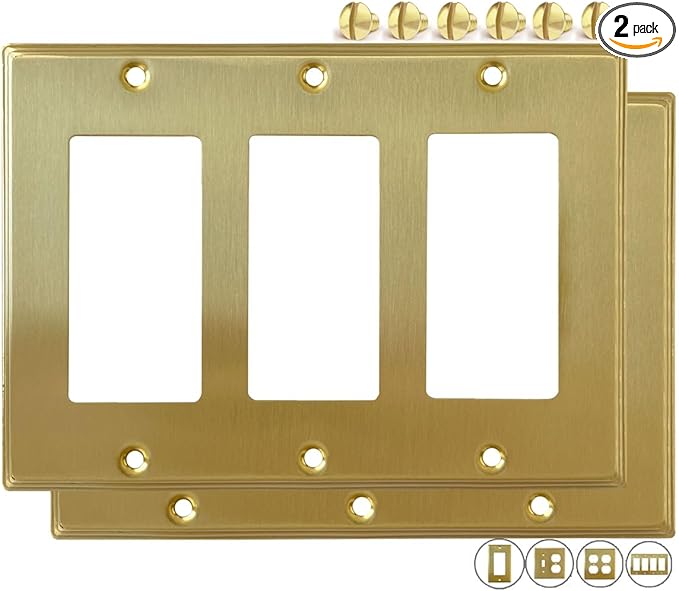 Rio Salto Outlet Covers Duplex Receptacle Wall Plate Electrical Outlet Cover 5 Pack 1 Gang BRASS Brushed Brass Gold Metal Decorative Wall Plates — Deco Collection, Standard Size, 4.50" X 2.75"