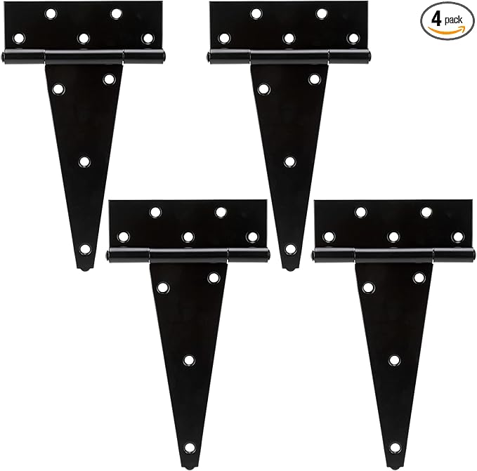 HILLMASTER 10 Inch T-Strap Heavy Duty Shed Door Hinges Gate Strap Hinges Black Tee Hinge Wrought Hardware for Wooden Fences,Yard,Barn Door,Rustproof (4 Pack)