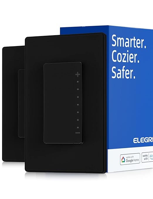 ELEGRP Single Pole Smart Dimmer Light Switch DPR10, 2.4GHz Wi-Fi Dimmer Switch Compatible with Alexa and Google Assistant, Needs Neutral Wire, No Hub Required, UL Listed, Matte Black, 2 Pack