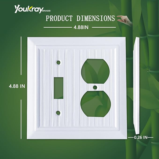Pure White Classic Beadboard Wall Plates,Light Switch Covers,Electrical Outlet Covers, Switch Plates of Various Combination, Nature Bamboo Fiber Wall plate(2 Gang Toggle/Duplex 2 Pack)