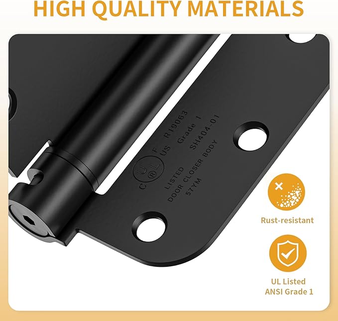 Luxbaro 4 Pack Self Closing Door Hinges 3.5 Inch, Matte Black Spring Loaded Hinges with 5/8'' Radius Corners, Adjustable Tension for Garage, Front Door, for Left and Right Hand Door, UL Listed