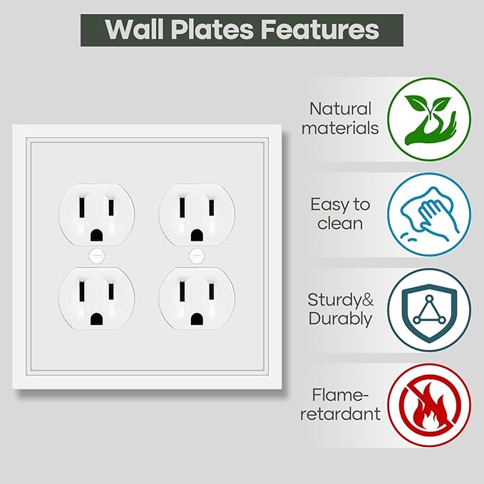Double Duplex Outlet Cover Wall Plate White Classic Decorative Duplex Receptacle Cover Electrical Switch Plates and Outlet Covers 2-Gang Wall Plates, 2 Pack