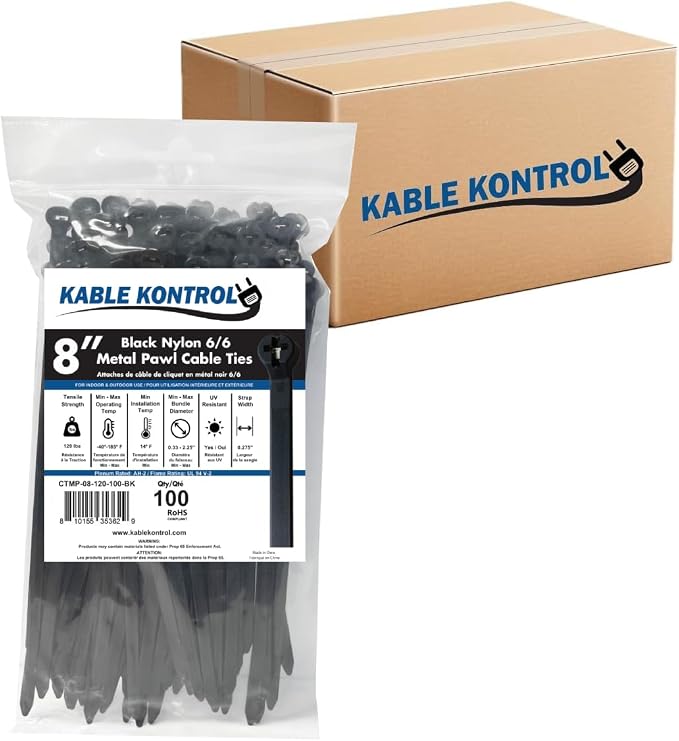 Kable Kontrol Metal Pawl Cable Ties 8 Inch 5500 Pcs, 120 Lbs Test – Black | Metal Tooth, Stainless Steel Toothed Self-Locking Ties, UV Resistant Steel Barb Zip Ties for Indoor & Outdoor Use