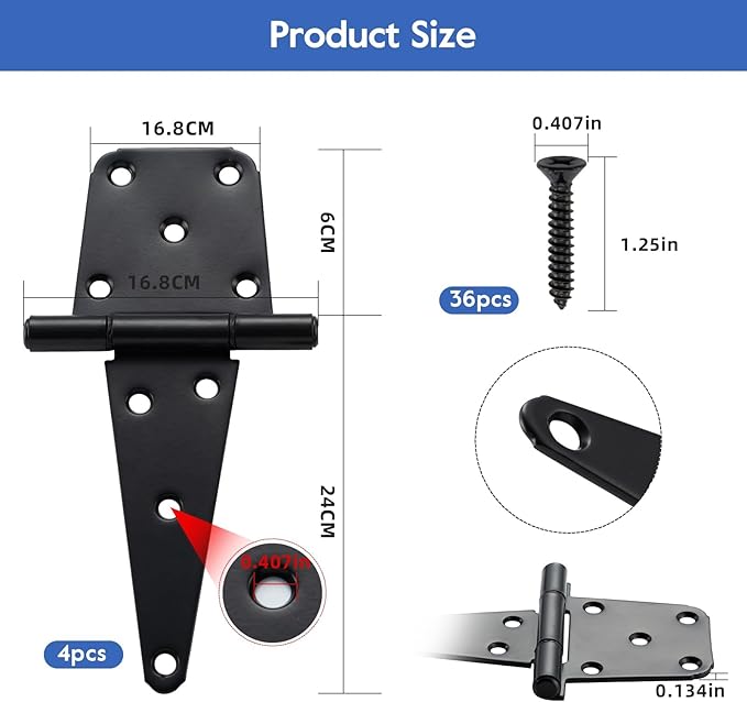6 Inch T-Strap Gate Hinges, Heavy Duty Gate Hinges,Shed Door Hinges for Outdoor Barns Gate,Wooden Fences,with Screws, 4 Pack-Black