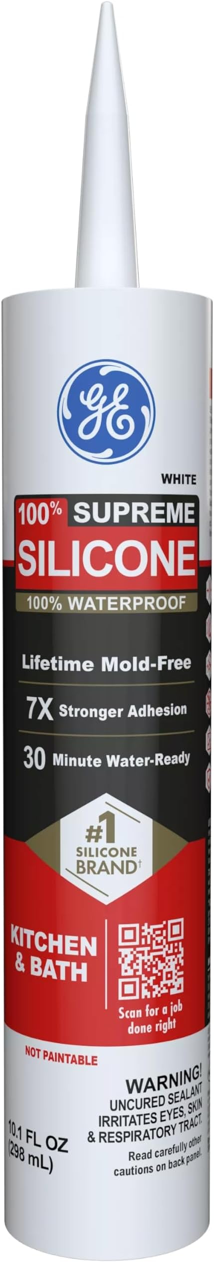 GE Supreme Silicone Caulk for Kitchen & Bathroom, White, 10 fl oz Cartridge, 12 Pack - 100% Waterproof Silicone Sealant, 7X Stronger Adhesion, Shrink & Crack Proof