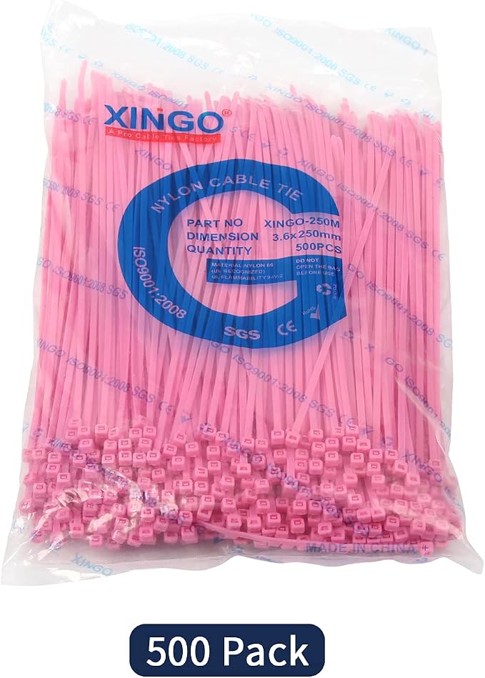 XINGO 10 Inch Cable Zip Ties (500 Pack), 40 Lbs Tensile Strength-Heavy Duty, Self-Locking Nylon Plastic Nylon Wire Ties for indoor and outdoor (Pink)