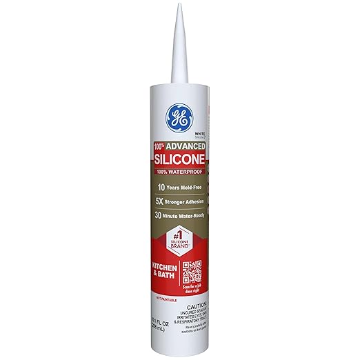 GE Advanced Silicone Caulk for Kitchen & Bathroom, White, 10 fl oz Cartridge, 12 Pack - 100% Waterproof Silicone Sealant, 5X Stronger Adhesion, Shrink & Crack Proof
