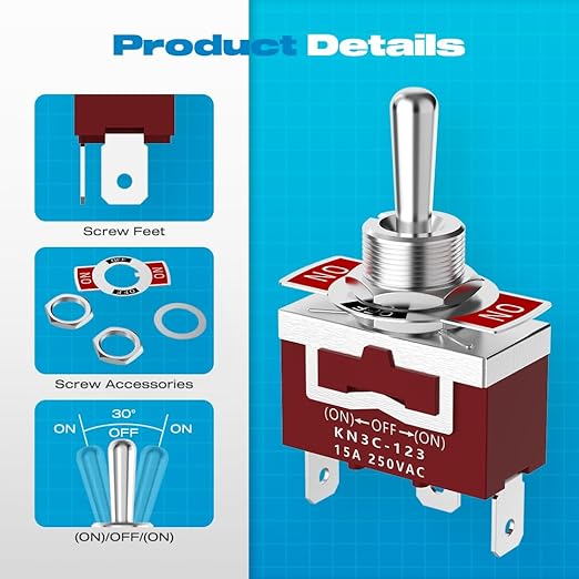 Momentary Toggle Switch, Malictele SPDT 3Pin (ON)-Off-(ON) Marine Toggle Switch 12VDC 30A/250VAC 15A Heavy Duty 3 Way with Waterproof Cap for Auto Car Boat- 4 Pack