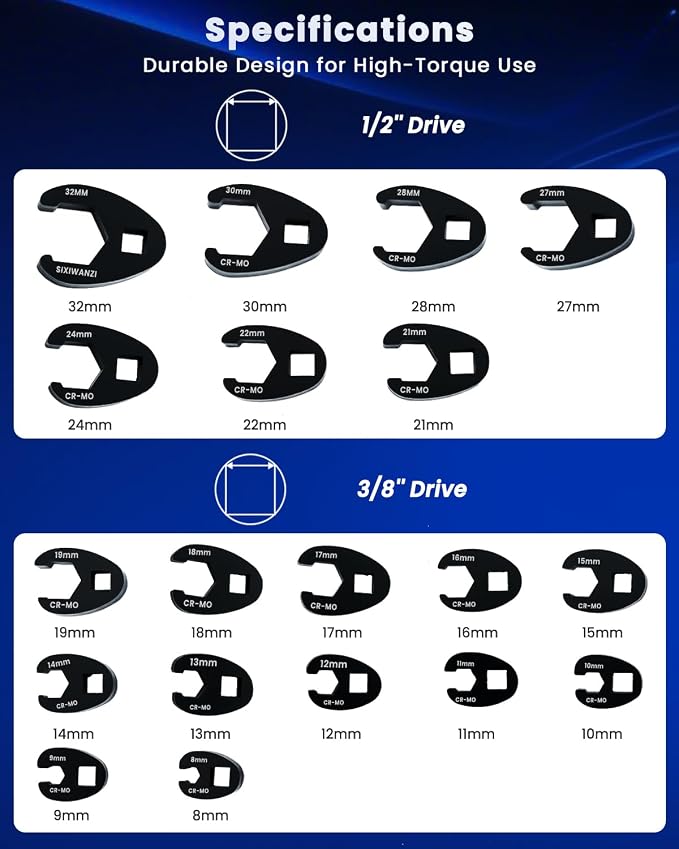 SIXIWANZI Metric Crowfoot Wrench Set, Flare Nut Crowfoot Set 8-32 mm | 19-piece metric kit, 8-32 mm crows foot, 3/8" and 1/2" drives, anti-slip flare nut grip, return tab design
