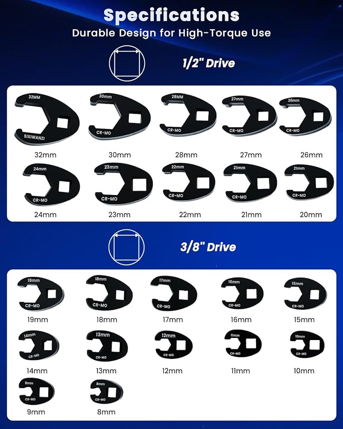 SIXIWANZI Metric Crowfoot Wrench Set, 22pc Flare Nut 8-32mm 3/8" 1/2" Drive | 8-32mm CR-MO steel, black phosphate no slip grip, ratchet torque ready, tight space steering brake line auto repair