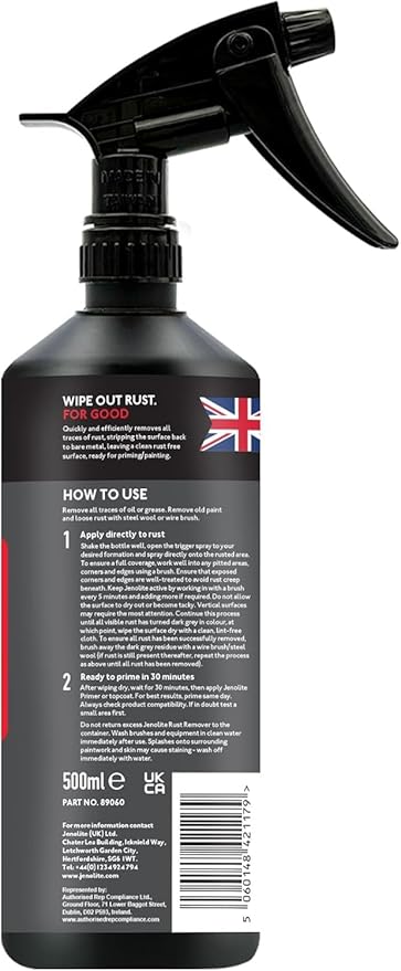 JENOLITE Original Rust Remover for Metal - Fast Acting Liquid with Trigger Spray - Industrial Strength, Removes Rust Back to Bare Metal - 500ml (16.9 fl oz)