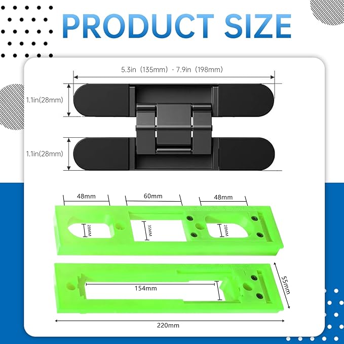 Concealed Door Hinge Installation Kit | with Guide Template Jig | with Dedicated Concealed Hinge Slotting Template | Lightweight & Reusable Design | for 5.3-7.8 inch Door Hinges (1.1 inch Width)