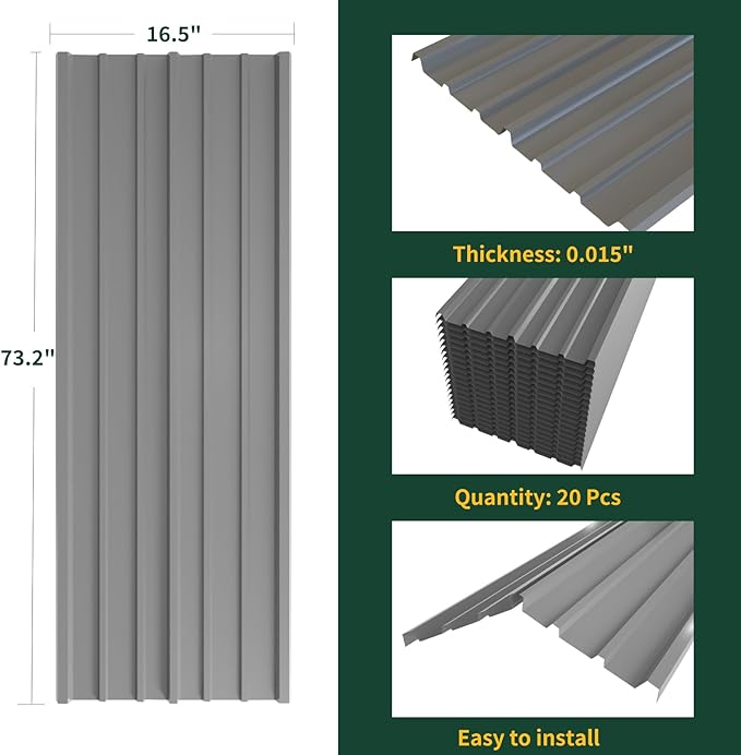 NeatiEase 20 Pcs Metal Roofing Panels, 6.1 Feet Corrugated Galvanized Roofing Panels Metal Siding Panels with Steel Screws for Pergola, Gazebo, Shed, Outdoor Storage, Chicken Coop, Patio,Garages