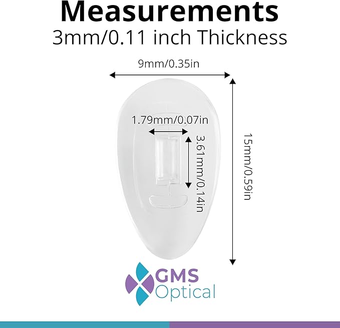 GMS Optical Push in Silicone Nose Pads for Glasses | 15mm Medium, 8.2mm Wide Width | Non Slip Nose Grips, Eyeglass Accessories for Glasses & Sunglasses, Provides Comfort & Stability (5 Pairs, Clear)