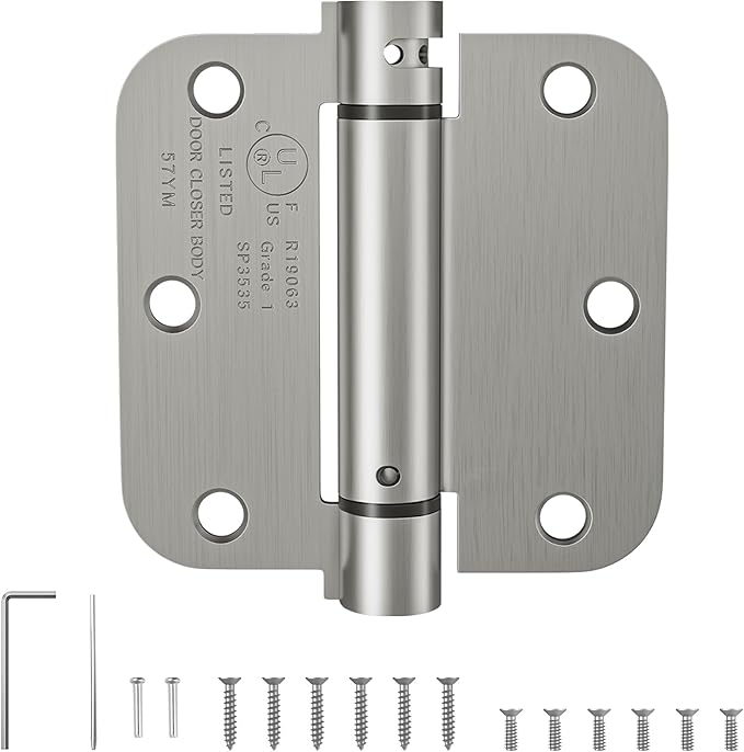 HOSOM Self Closing Door Hinges 3.5 Inch, Spring Loaded Hinges, Adjustable Tension for Interior Door, UL Listed, for Left and Right Hand Door, 5/8'' Radius Corners, Brushed Nickel, 1 Pack