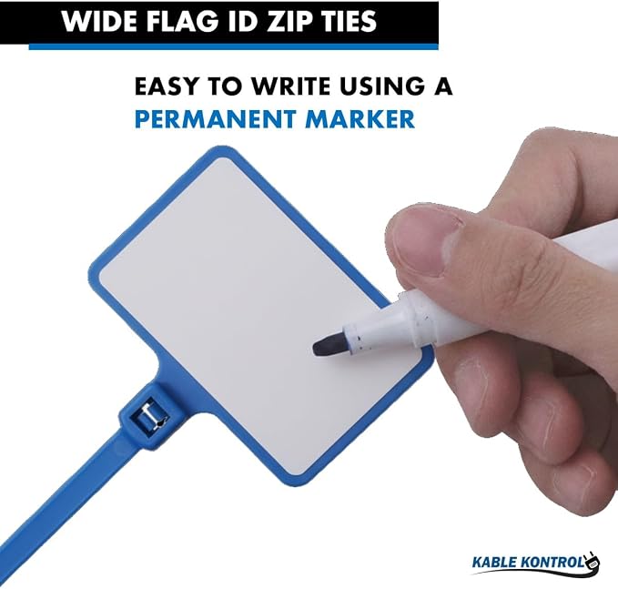 Kable Kontrol Write-On Flag Identification Zip Ties, 6 Inch 100 Pcs - Blue | Cable Markers 1‑7/8" x 1‑1/8" Writable Wide Flag Self‑Locking Nylon Marker Cable Ties for Cable Labeling