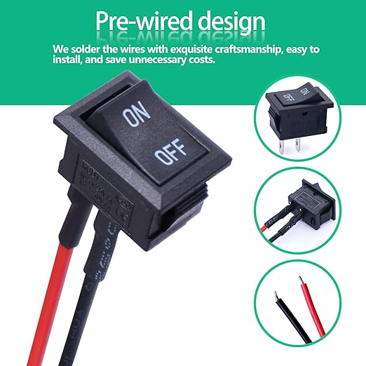 Twidec/5Pcs Rocker Switch AC 6A/250V 10A/125V SPST 2 Pins 2 Position ON/Off Car Boat Square Black Rocker Switch Toggle with Pre-soldered Wires KCD1-1-101-ON-OFF-X