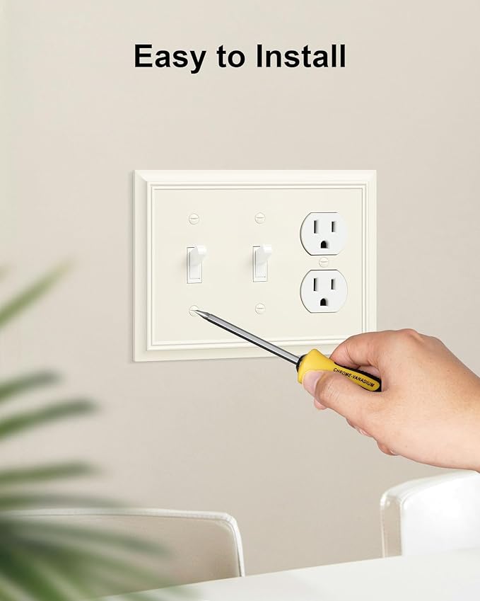 2-Pack Combo Double Toggle/Duplex Outlet Covers, Light Almond Switch Plates and Outlet Covers, Natural Bamboo Fiber Wall Plates for Electrical Outlets, 3 Gang Receptacle Cover, Corrosion Resistant