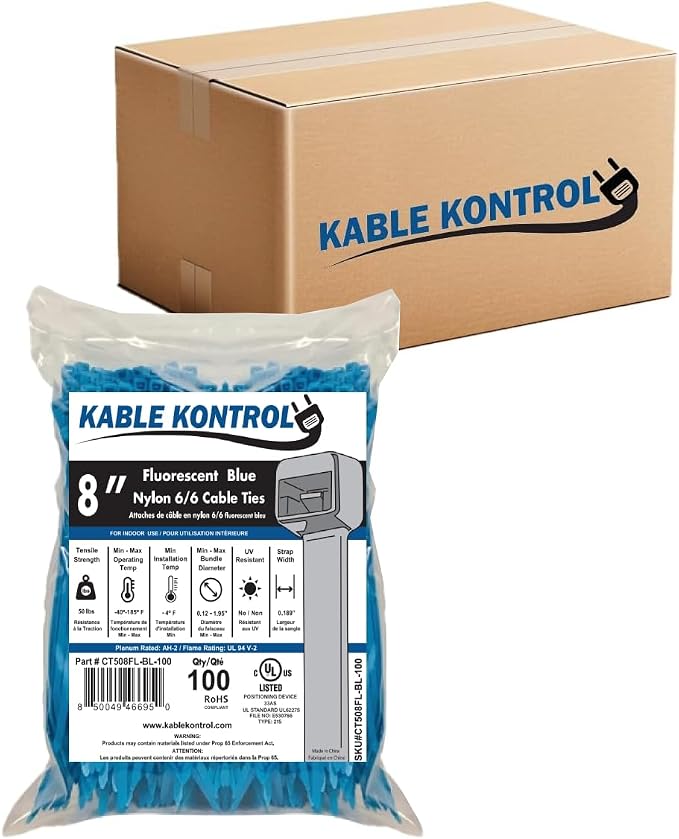 Kable Kontrol Cable Zip Ties, 8 Inch, 10000 Pcs, 50lbs Test, FL Blue | Nylon Plastic, Self Locking, UL Listed, Indoor Use