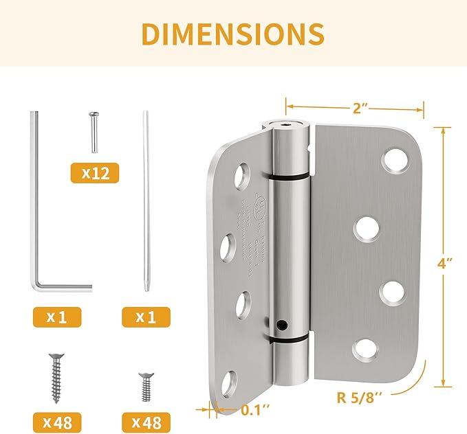 Luxbaro 6 Pack Self Closing Door Hinges, 4 Inch Spring Loaded Door Hinges, Adjustable Tension for Garage, Front Door, Back Door, for Left and Right Hand Door, 5/8'' Radius Corners, UL Listed