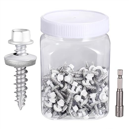 150 Pcs #10x1 White Metal Roofing Screws - Galvanized Hex Head Self-Tapping with EPDM Washers Sharp Point,for Corrugated Roofing, Wood Siding, Fences, Carports, Garages, Sheds