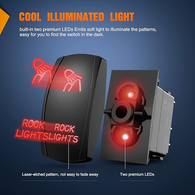 Nilight Rock Lights Rocker Switch Led Light Bar 5Pin Laser On Off SPST switches 20A/12V 10A/24V Switches Red with Jumper Wires Set for Cars Trucks RVs