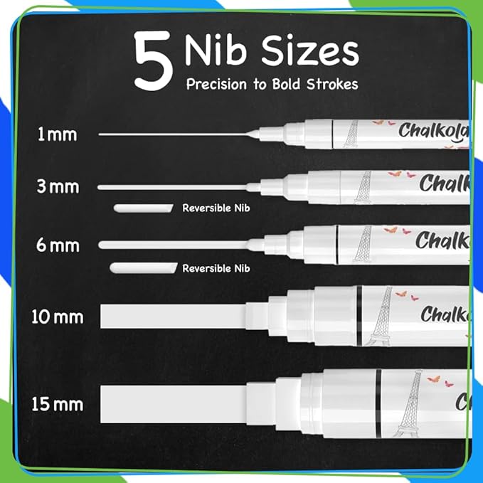 Chalkola 5 White Chalk Markers for Chalkboard Signs, Blackboard, Car Window, Bistro, Glass | 5 Variety Pack - Thin, Fine Tip, Bold & Jumbo Size Erasable Liquid Chalk Pens (1mm, 3mm, 6mm, 10mm, 15mm)
