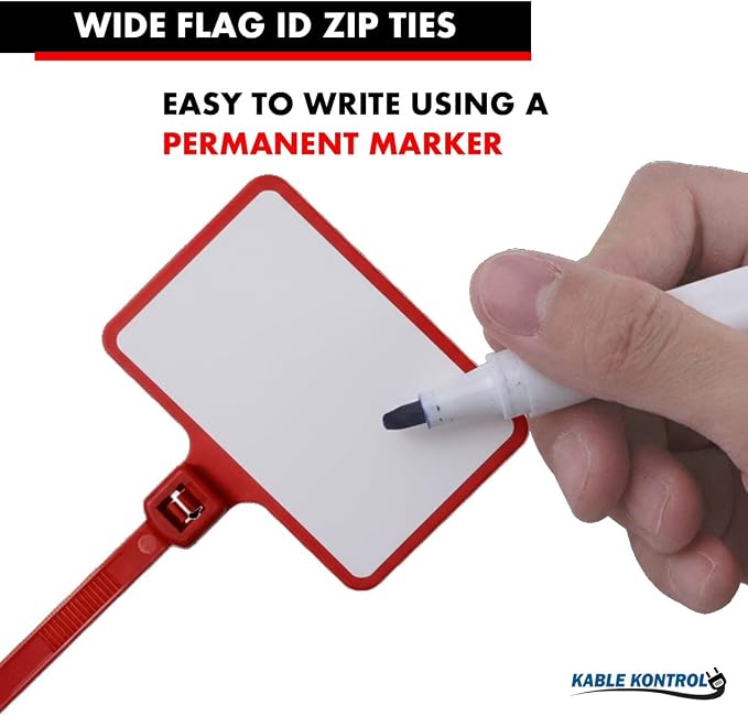 Kable Kontrol Write-On Flag Identification Zip Ties, 6 Inch 100 Pcs - Red | Cable Markers 1‑7/8" x 1‑1/8" Writable Wide Flag Self‑Locking Nylon Marker Cable Ties for Cable Labeling