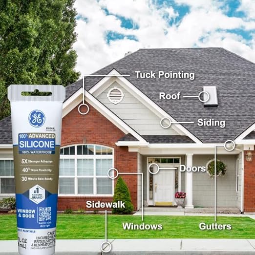 GE Advanced Silicone Caulk for Window & Door, Clear, 2.8 fl oz Tube, 1 Pack - 100% Waterproof Silicone Sealant, 5X Stronger Adhesion, Freeze & Sun Proof