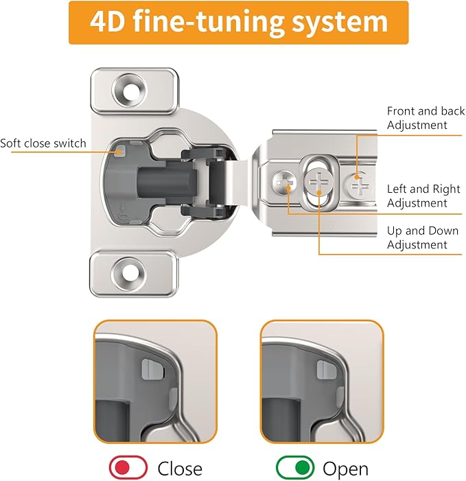 Chibery 10 Pack 9/16" Overlay 4D Concealed Hinges for Face Frame Door, Soft Close On/Off Switch, Self Closing, 105° Open Angle Concealed Stainless Steel Hinges for Framed Cabinet, Satin Nickel