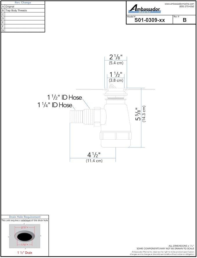 Ambassador Marine - 1-1/2 inch Drain, Flip Trap Sink Drain - no Overflow, 1-1/4 inch & 1-1/2 inch Hose Barb - Chrome - S01-0309-CP-W