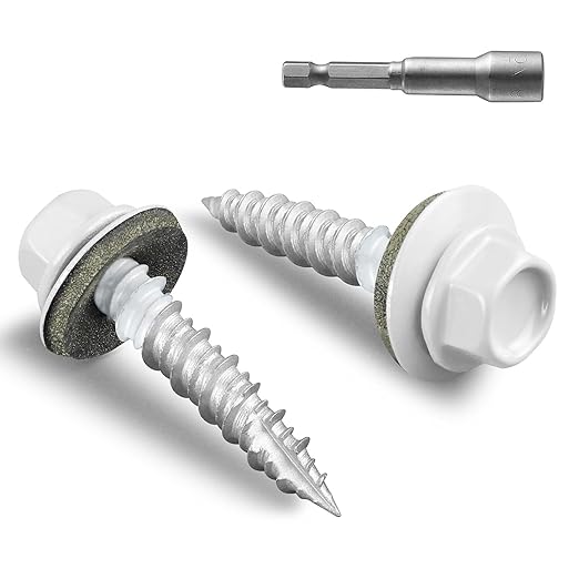 Metal Roofing Screws #10 × 1 Inch, 185pcs White Ruspert Coating Hex Head Roofing Screws with Rubber Washer, Self Starting Metal to Wood Siding Screws