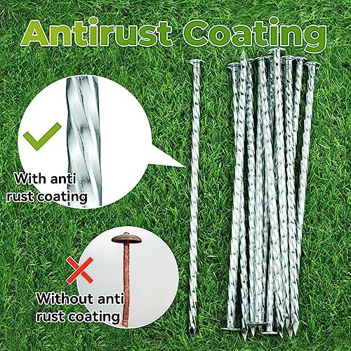 10-Inch Heavy-Duty Landscape Stakes, Galvanized Metal Spiral Ground Anchoring Spikes for Paver Edging, Artificial Turf, Weed Barrier Fabric and More (60 Pack)