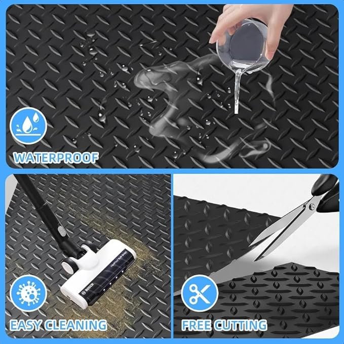 3mm Diamond-Plate Rubber Flooring Roll - Easy to Cut Waterproof Anti-Slip Mat, Heavy Duty Floor Protection for Garage, Gym, Stable, Basement, Kennel, 4' x 10'