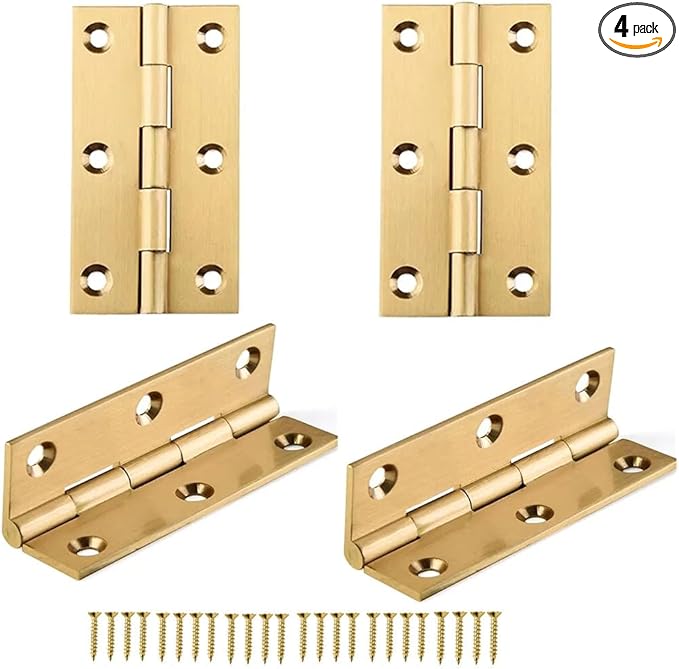 4 Pcs,Solid Brass Butt Hinge,High-end Brass Hinges Door Hinges,Folding Butt Hinges Furniture Cabinet Butt Hinges with Hinge Fixing Screws, Gold, 2.5 Inch