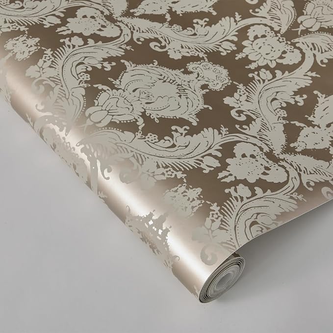 Tempaper Textured Beige Damsel Removable Peel and Stick Damask Wallpaper, 20.5 in X 16.5 ft, Made in the USA