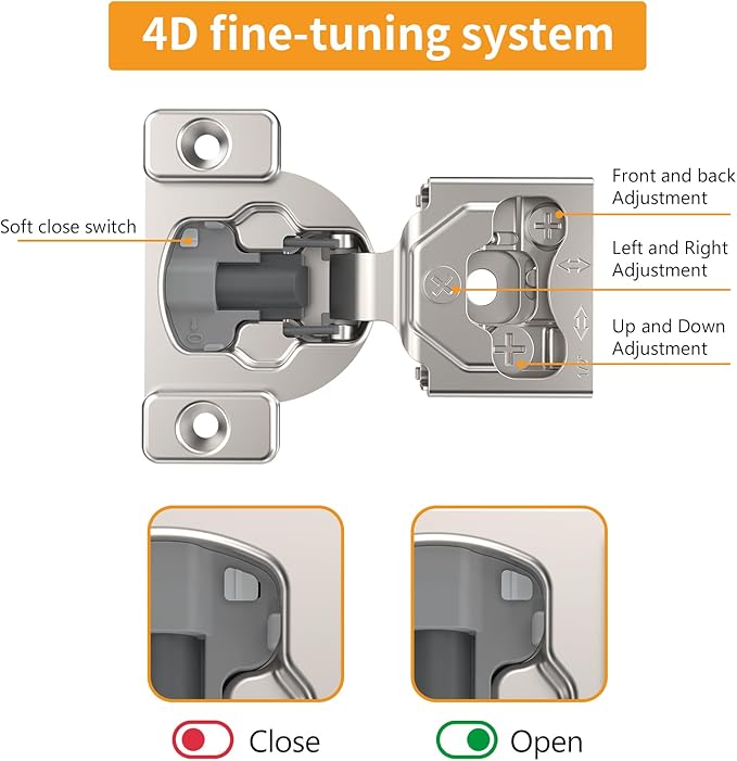 Chibery 4 Pack 7/16" Overlay 4D Concealed Hinges for Face Frame Door, Soft Close On/Off Switch, Self Closing, 105° Open Angle Concealed Stainless Steel Hinges for Framed Cabinet, Satin Nickel