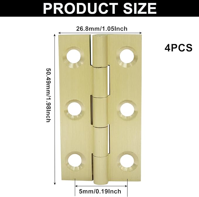 Murtenze 4 Pcs 2 Inch Mini Solid Brass Hinges，Brass Cabinet Hinges Small Box Hinges Butt Hinges for Cabinet, Drawer, Wood Box