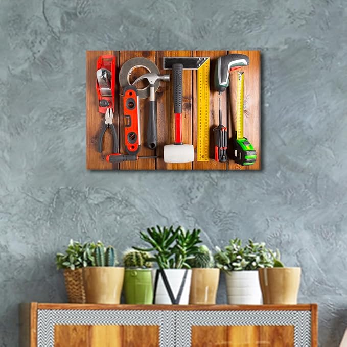 Blue Background House Renovation Tools and Accessories Top View Picture 1 Panels Canvas Wall Art Tape Measure and Hammer Poster Framed Artwork for Home Living Room Bedroom Wall Decor (12" Wx18 H)